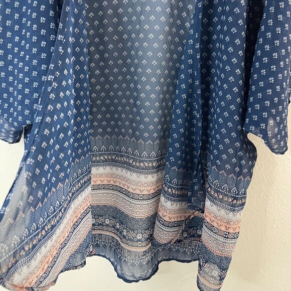 Dizzy Gal Navy Sheer Open Front Kimono Cardigan L Boho Print Women's Lightweight - Picture 5 of 8
